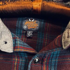 Moon Shine Men's L Shirt Western Flannel Plaid Maroon Blue Snaps Long Sleeve